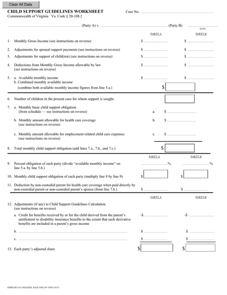Child Support Guidelines Worksheet Case No