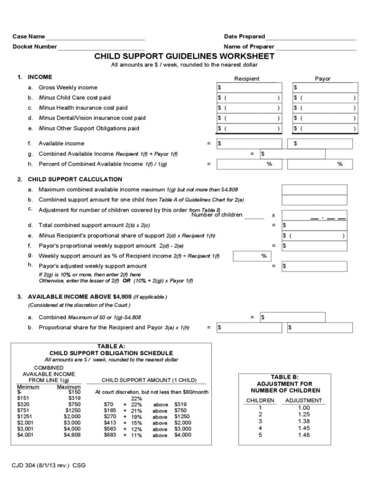 Child Support Guidelines Worksheet Free Download