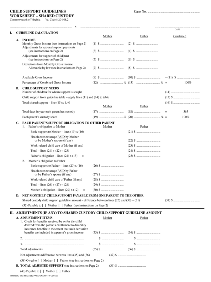 Child Support Guidelines Worksheet Shared Custody  Virginia Free
