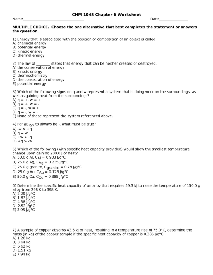Specific Heat Worksheet Answers