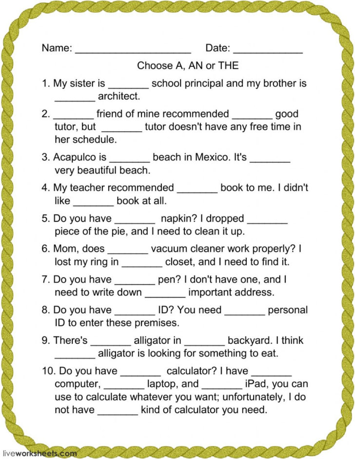 Definite And Indefinite Articles Spanish Worksheet