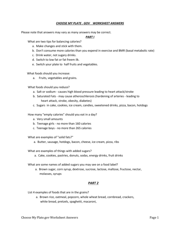 Choose My Plate   Worksheet Answers Please Note