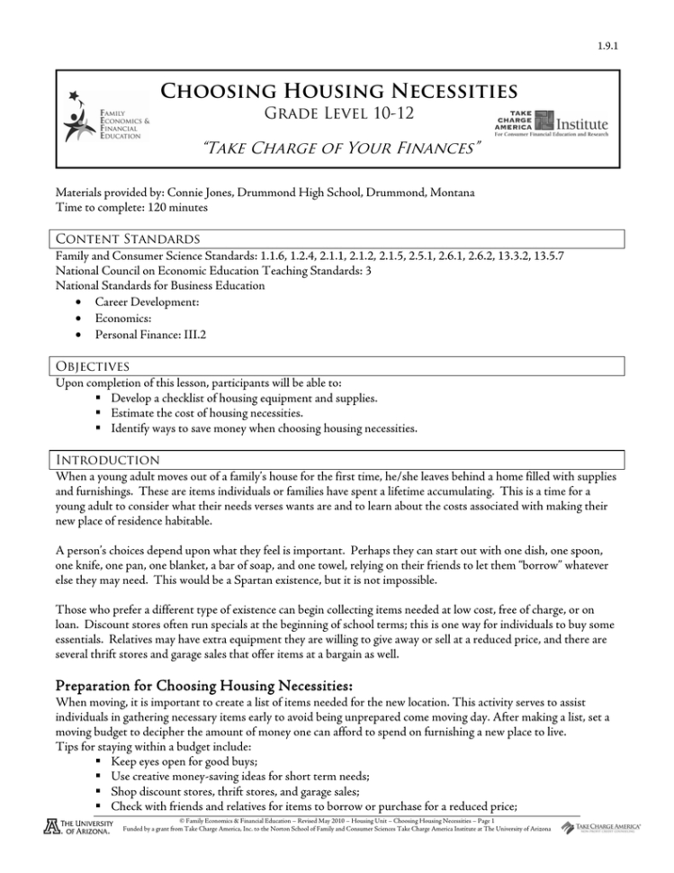 Choosing Housing Necessities “Take Charge Of Your Finances” Grade