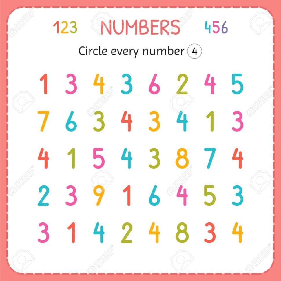 Circle Every Number Four Numbers For Kids Worksheet For Kindergarten