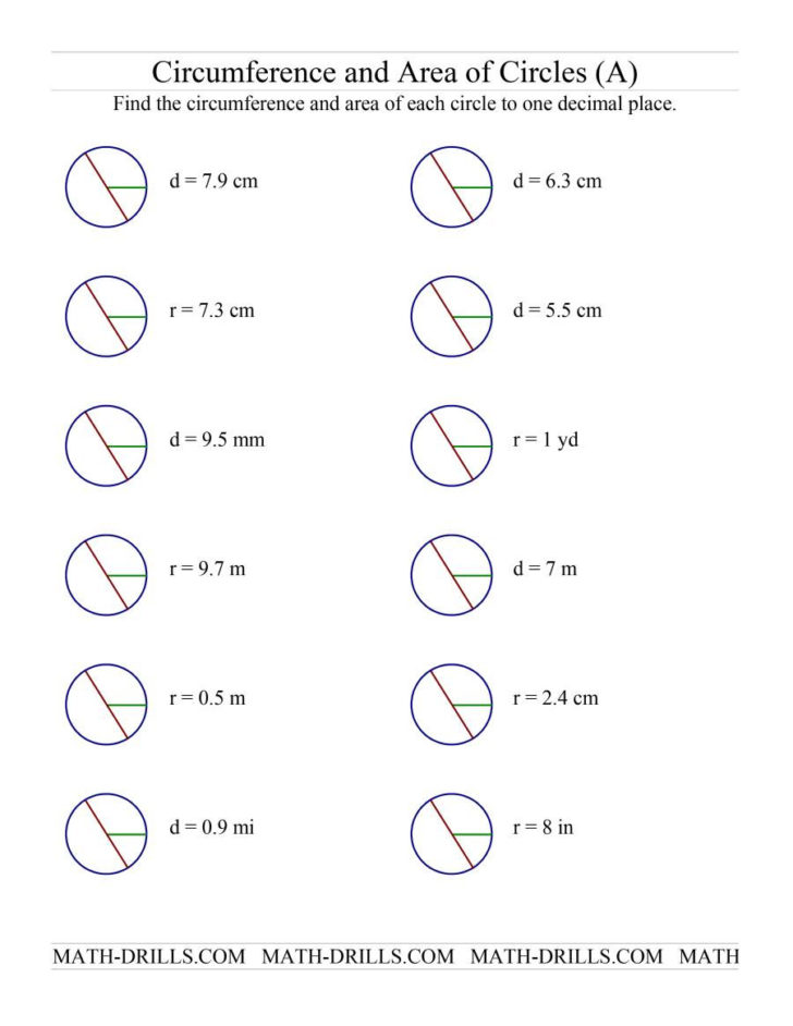 Circumference And Area Of A Circle Worksheet Math Drills