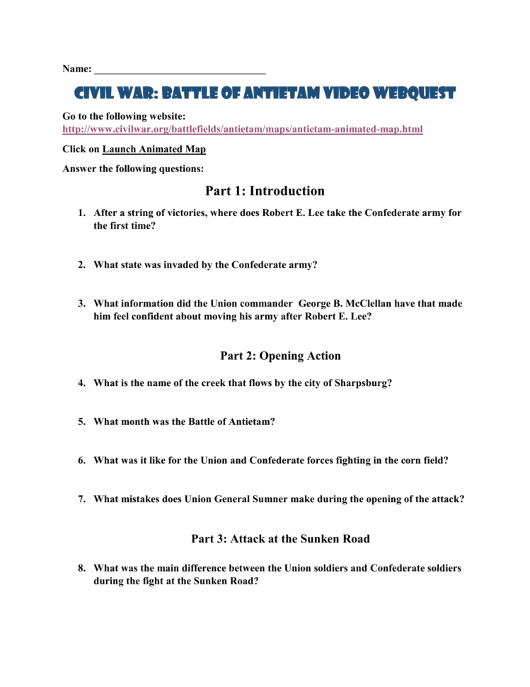 Civil R Battle Of Antietam Video Webquest
