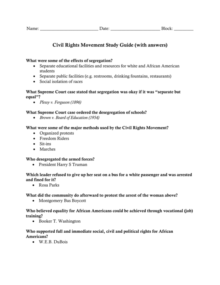 Civil Rights Movement Study Guide With Answers