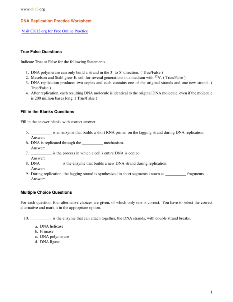 Ck12 Dna Replication Practice Worksheet Visit Ck12
