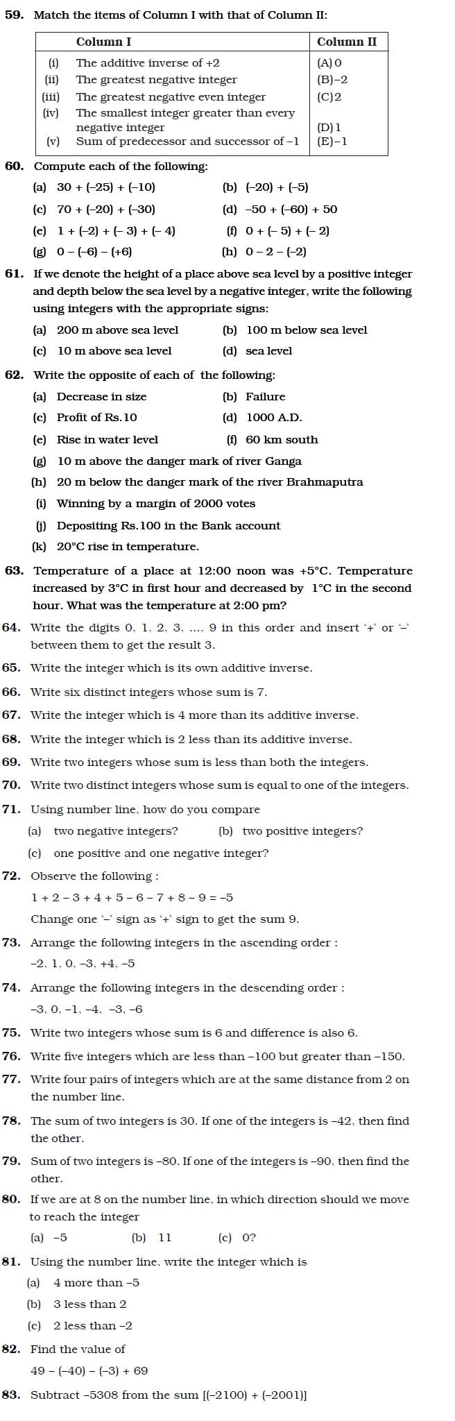 Class 6 Important Questions For Maths – Integers – Aglasem