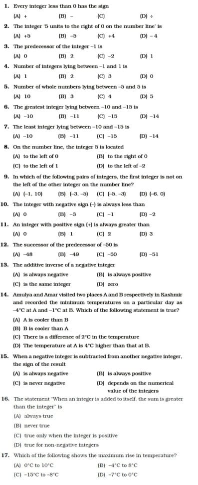 Class 6 Important Questions For Maths – Integers – Aglasem