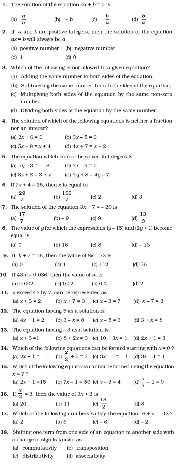 Class 7 Important Questions For Maths – Simple Equations