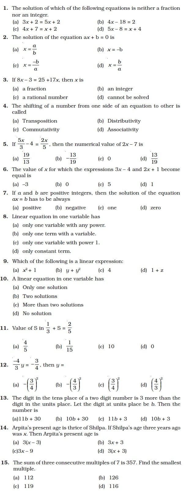 Class 8 Important Questions For Maths – Linear Equations In