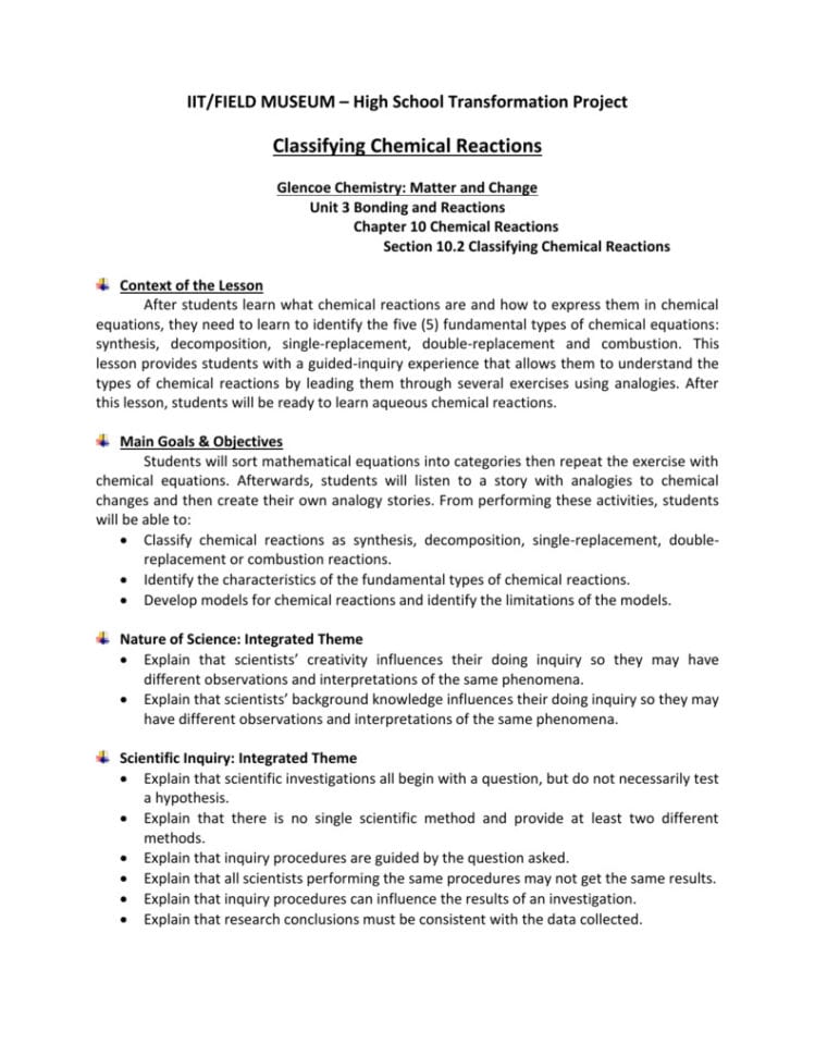 Classification Of Chemical Reactions Worksheet Completing