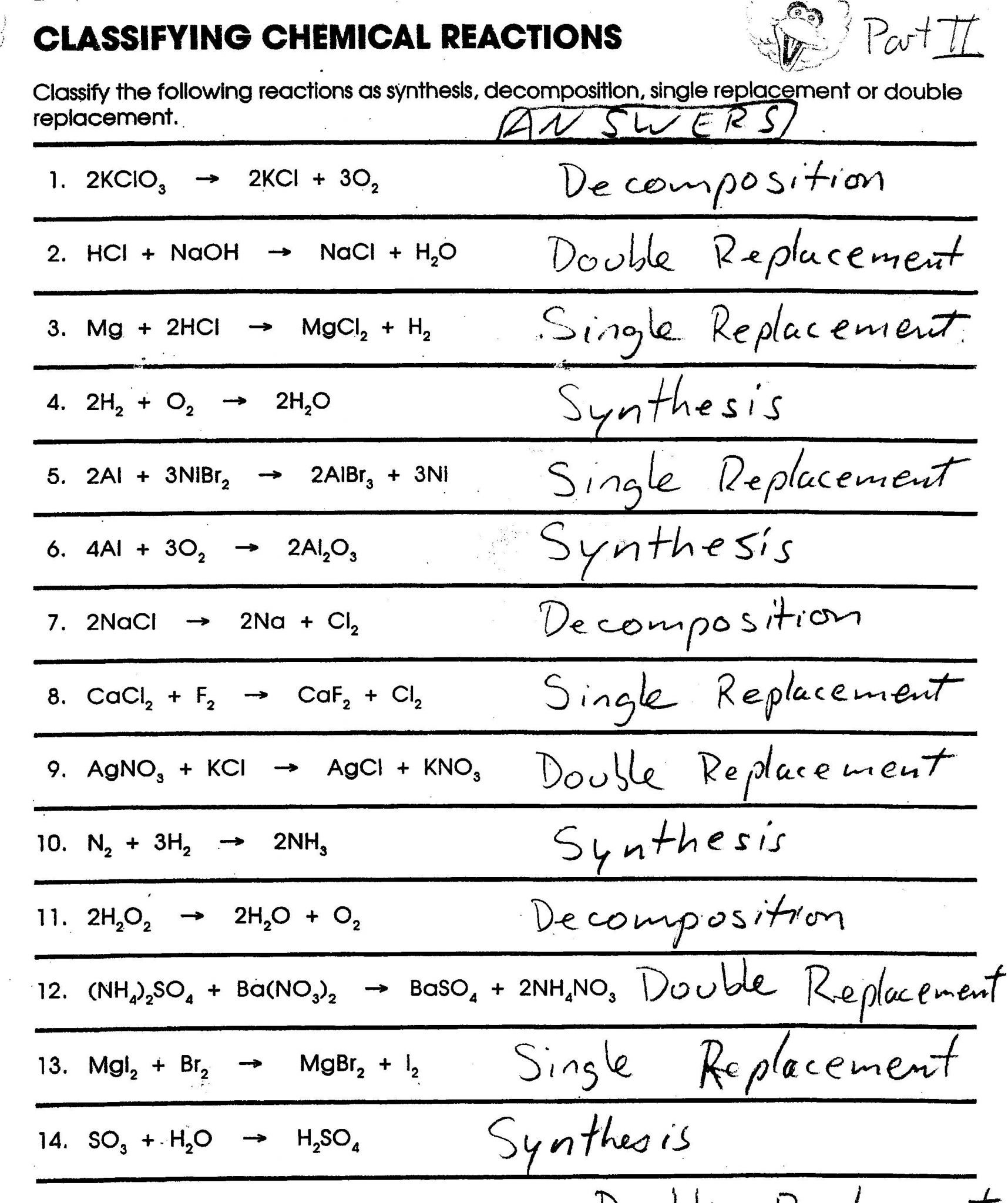 Classification Of Chemical Reactions Worksheet Instructional