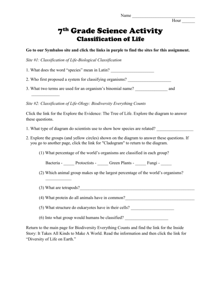Classification Of Life Worksheet