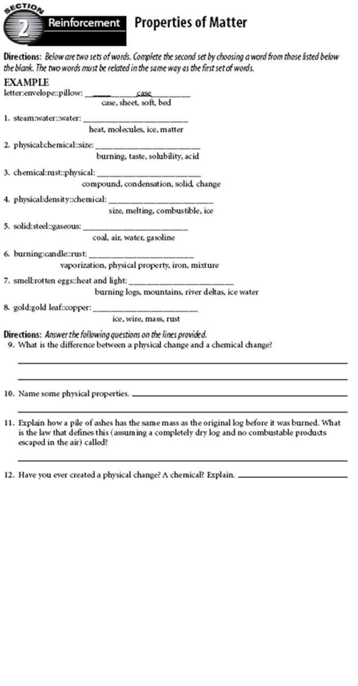 Directed Reading Worksheets Physical Science Answers
