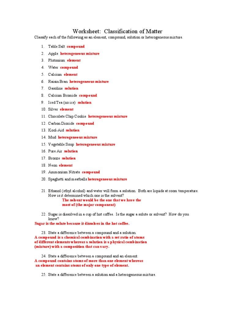 Classification Of Matter Worksheet  Soccerphysicsonline