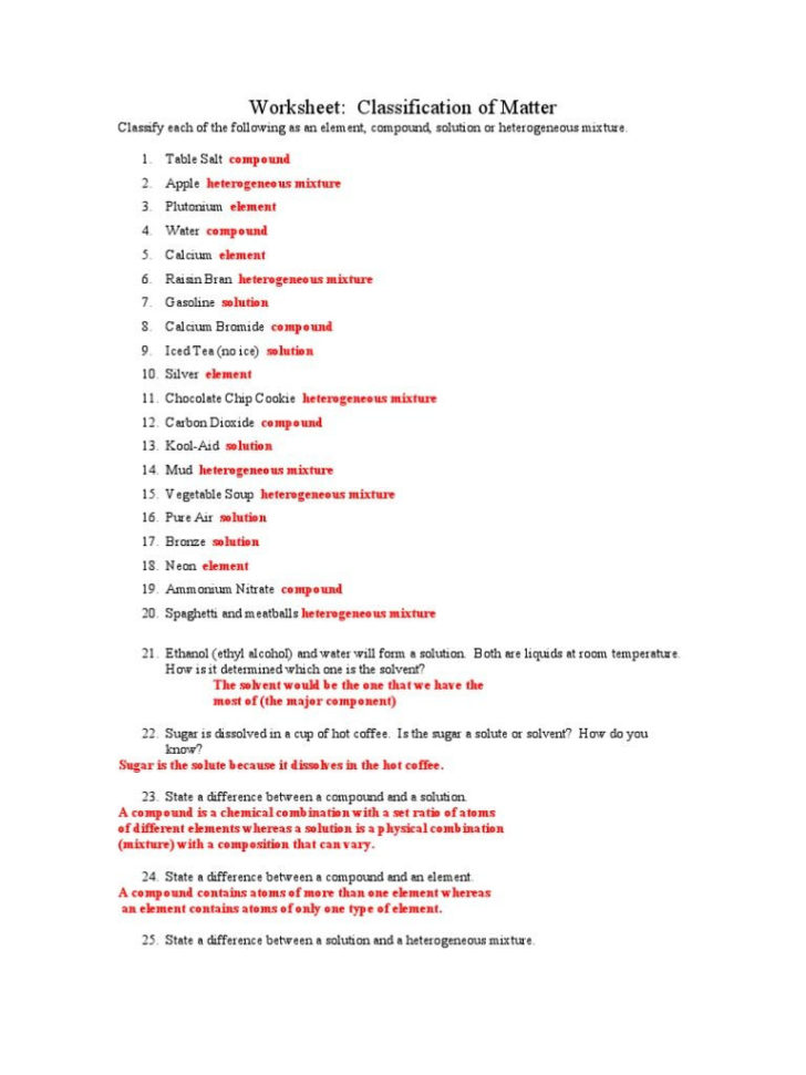 Classification Of Matter Worksheet Chemistry Answers