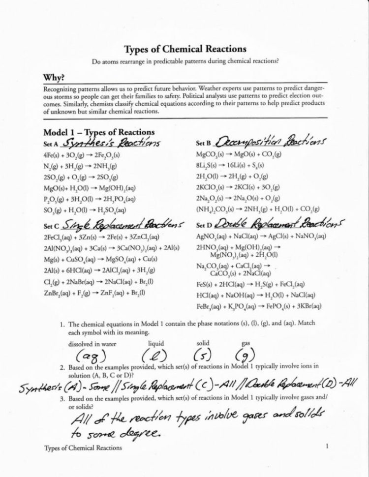 Classifying Chemical Reactions Worksheet Answers