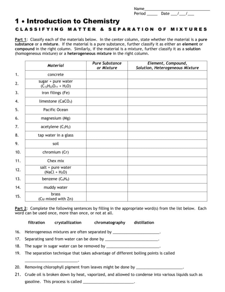 Classifying Matter Worksheet