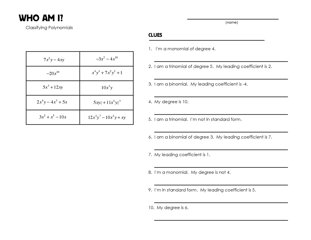 Classifying Polynomials  Mrmillermath