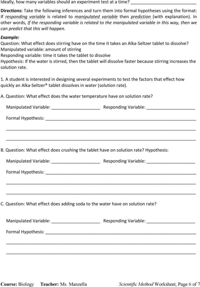 Classwork Scientific Method Practice Variables Hypothesis