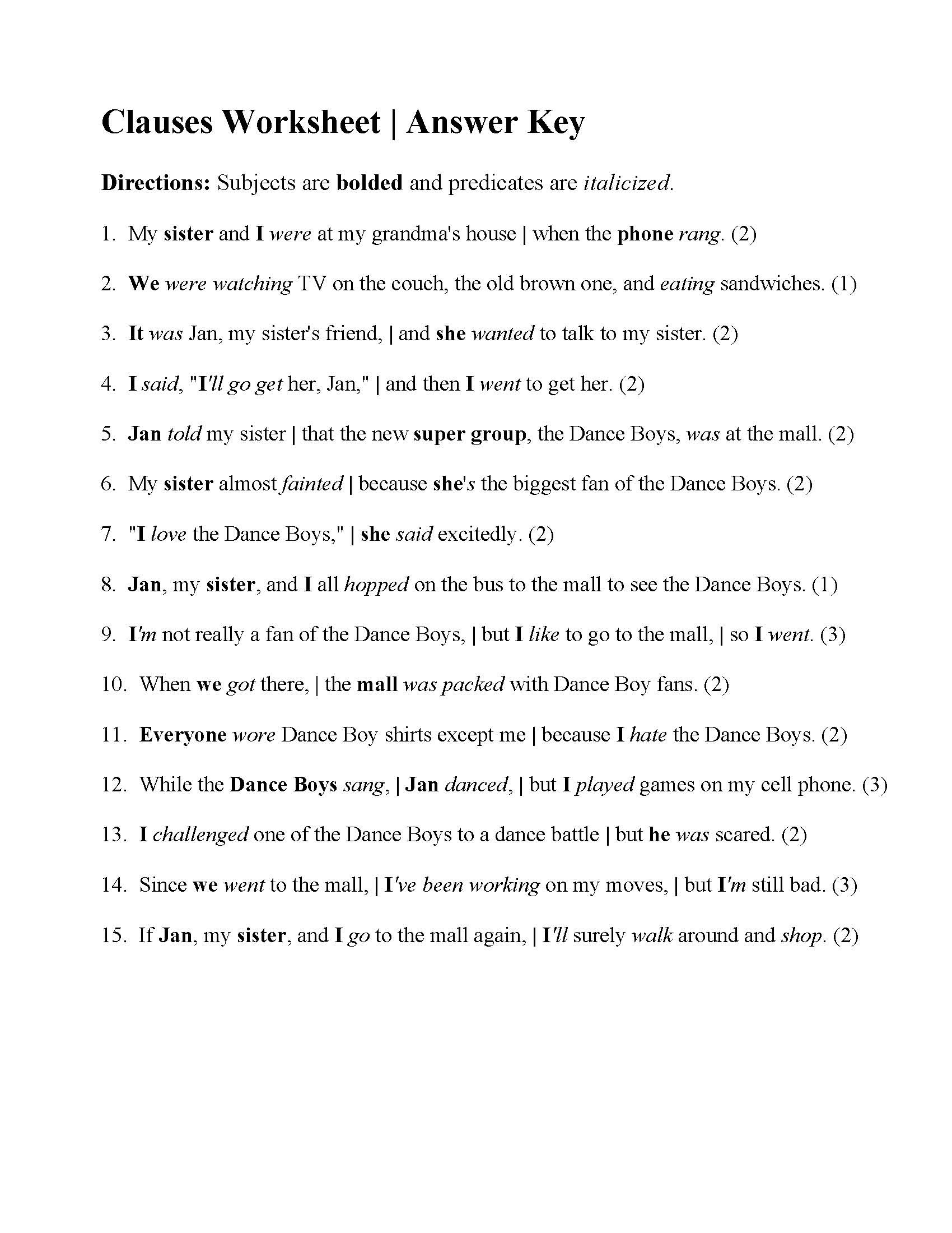 Clauses Worksheet  Answers
