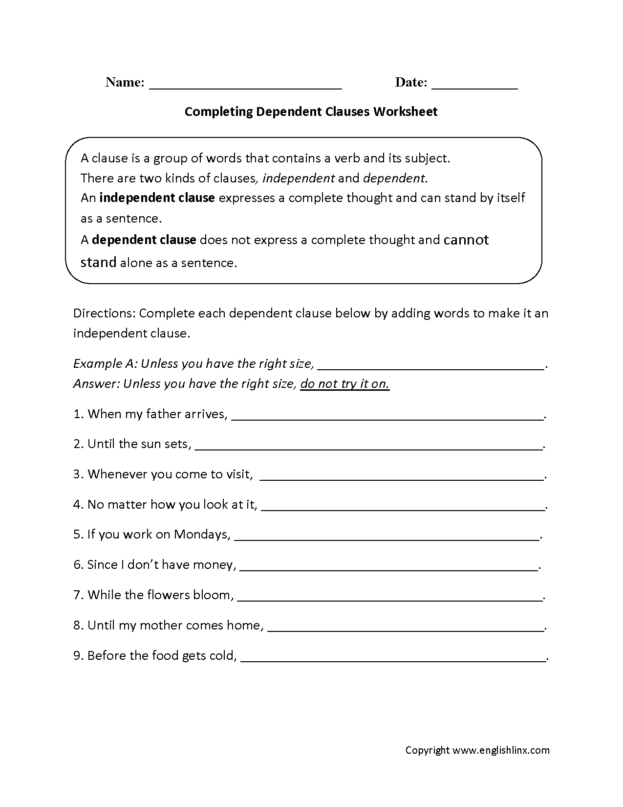Clauses Worksheets  Completing Dependent Clauses Worksheet