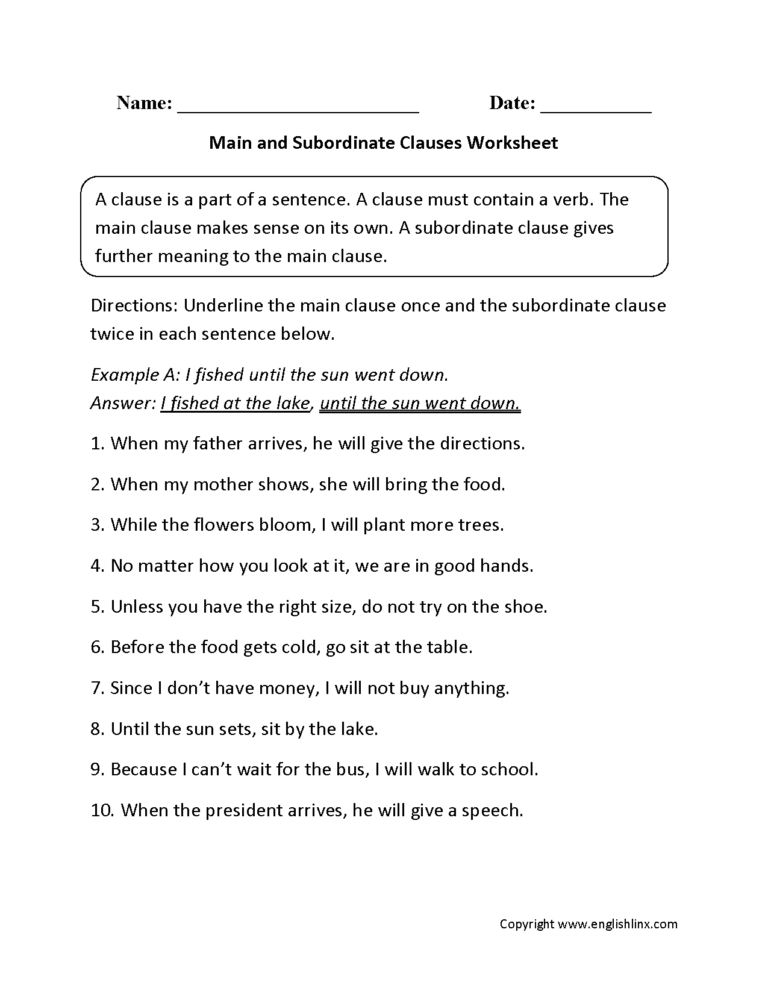 Subordinate Clause Worksheet Db excel