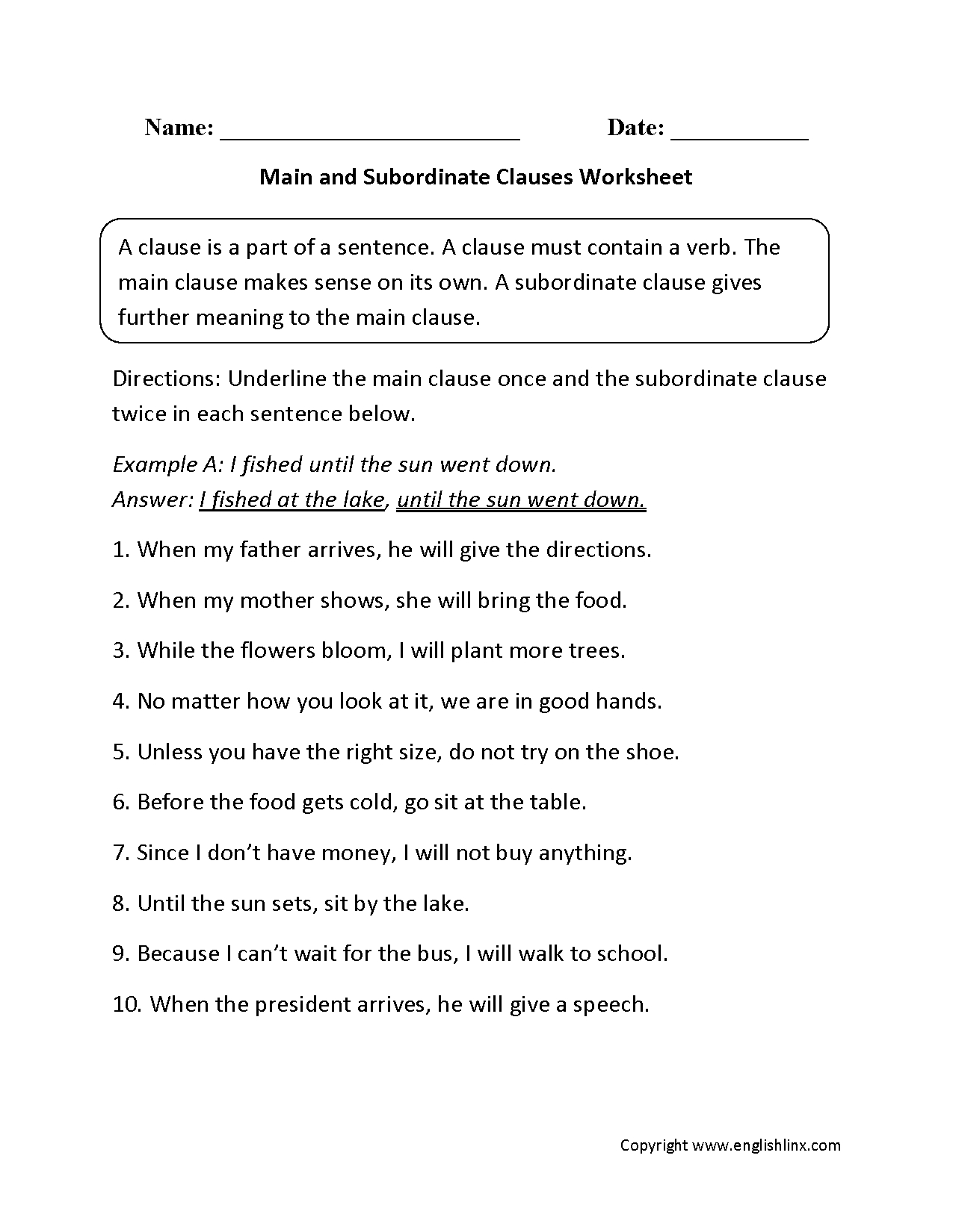 Clauses Worksheets  Main And Subordinate Clauses Worksheet