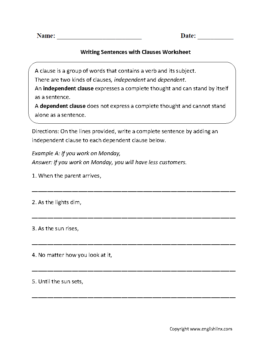 Clauses Worksheets  Writing Sentences With Clauses Worksheet