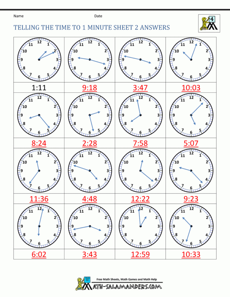 Clock Worksheets  To 1 Minute