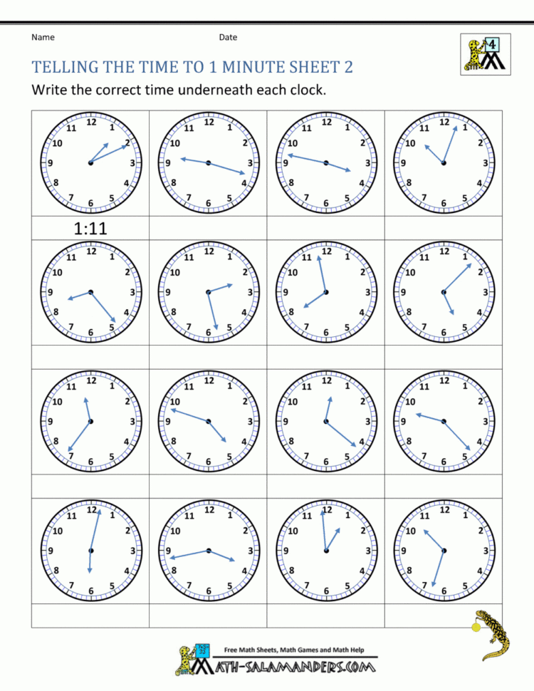 Clock Worksheets  To 1 Minute