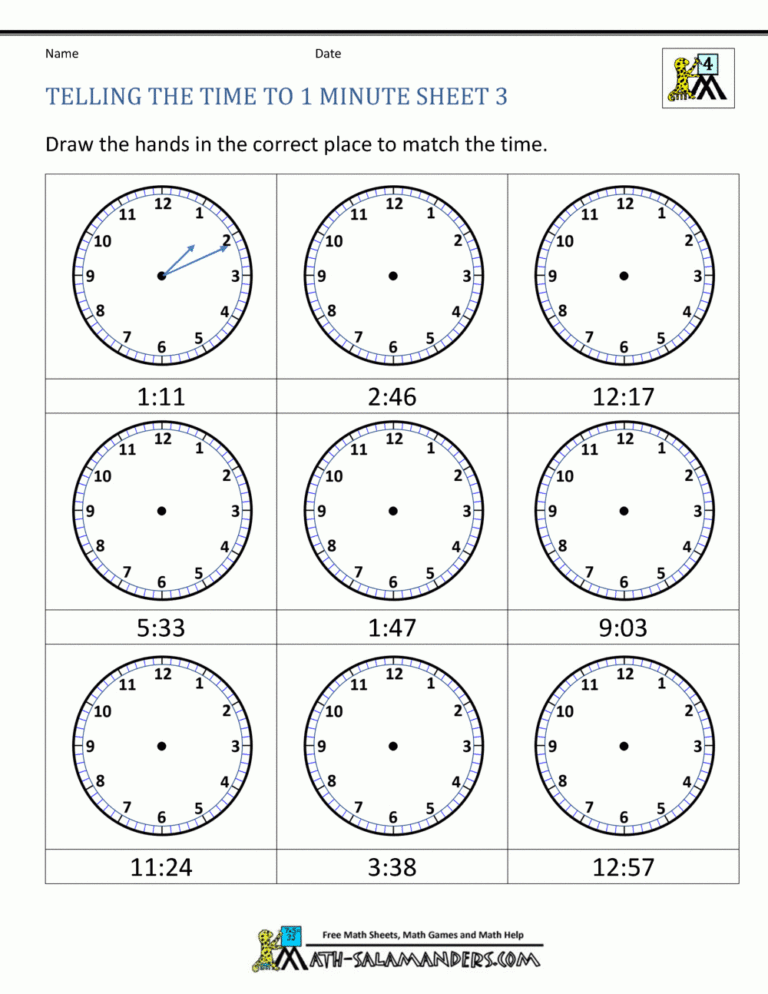 Telling Time To The Minute Worksheets