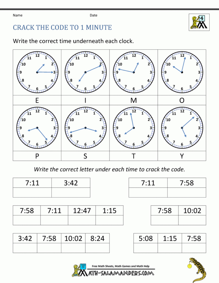 Clock Worksheets  To 1 Minute