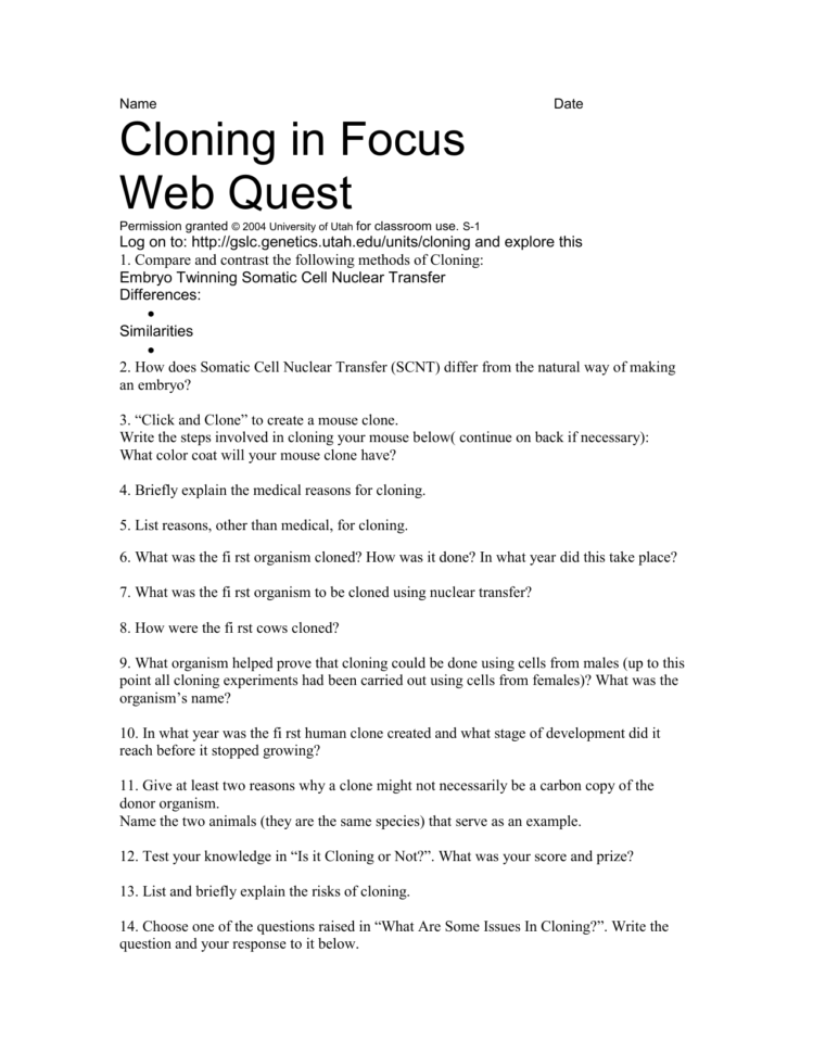 Cloning Webquest Worksheet
