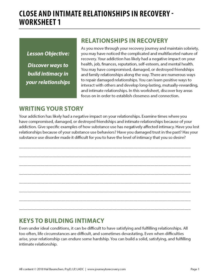 Close And Intimate Relationships In Recovery  Worksheet 1 Cod