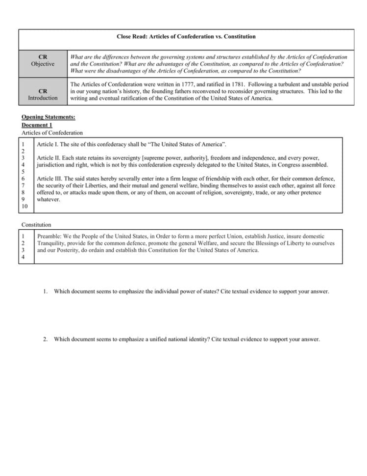Close Read Articles Of Confederation Vs Us Constitution