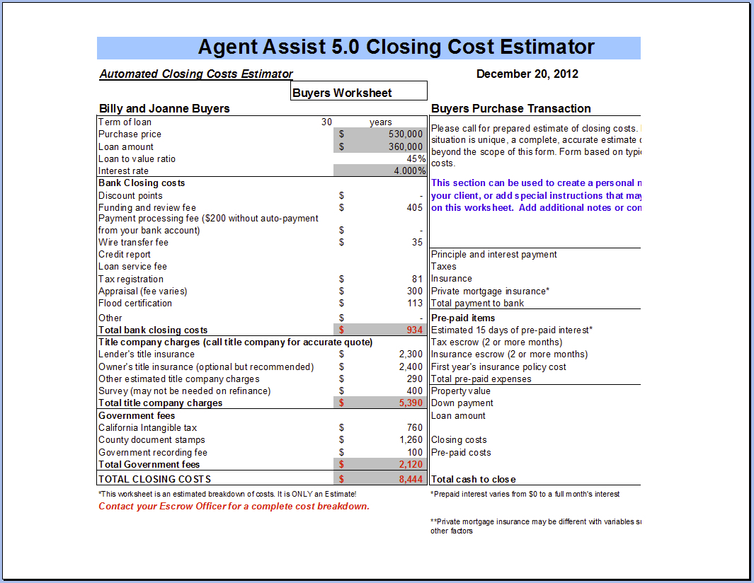 Closing Costs Seller Closing Costs Calculator Inside Seller Db excel