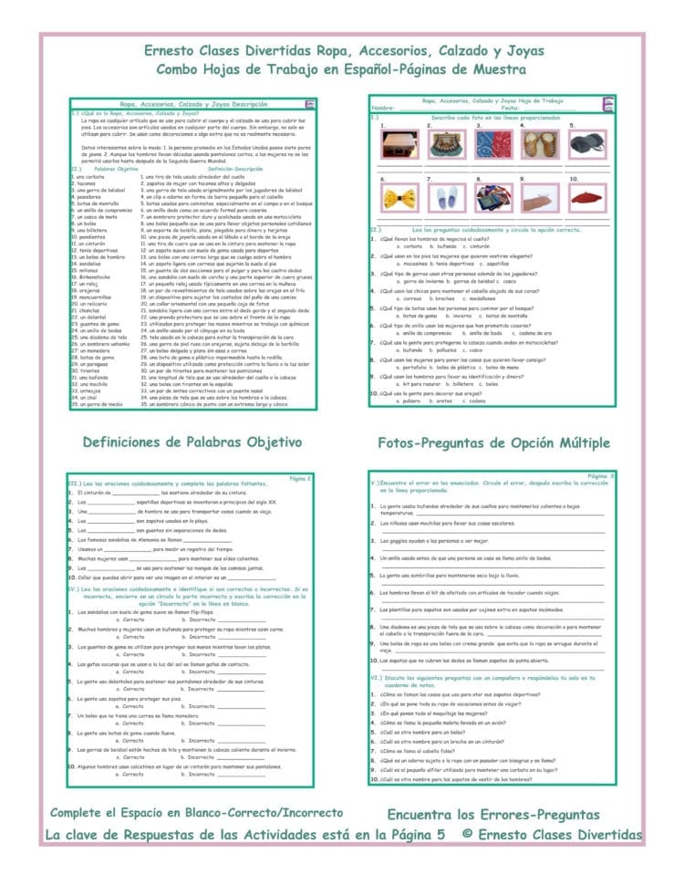 Clothing Accessories Combo Activities Spanish Worksheets