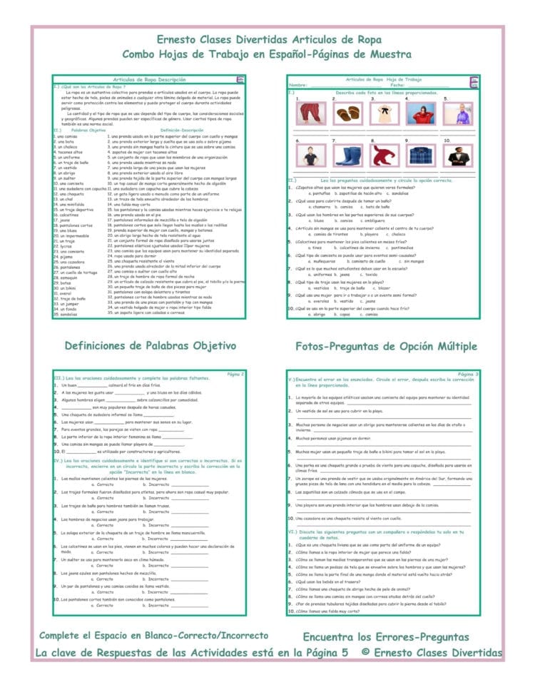Clothing Items Combo Activities Spanish Worksheets