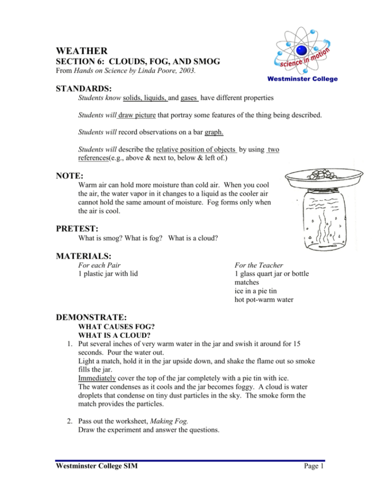Cloud In A Jar Experiment Worksheet  Cloud Images