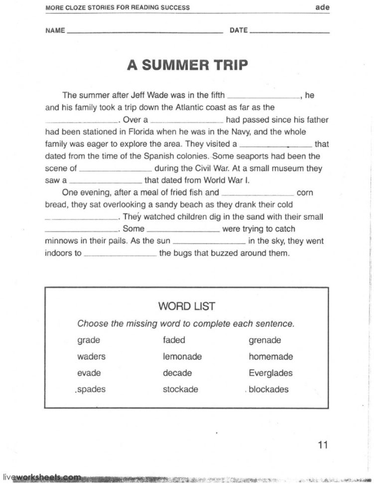 Cloze Summer Tripade  Interactive Worksheet