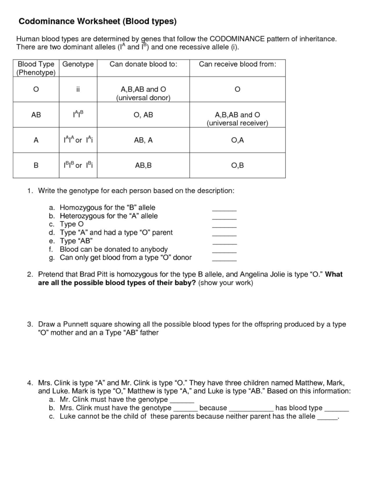 Codominance Worksheet Blood Types Answer Key