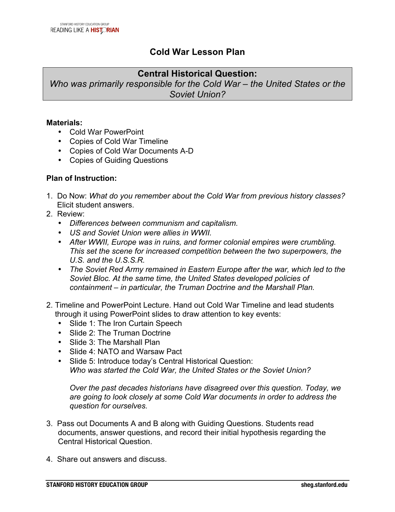 Cold R Lesson Plan  Stanford History Education Group
