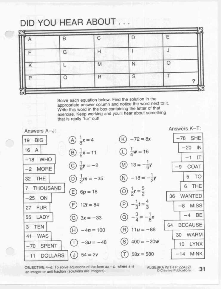 Collection Of Algebra With Pizzazz Worksheet Answers Pg 53