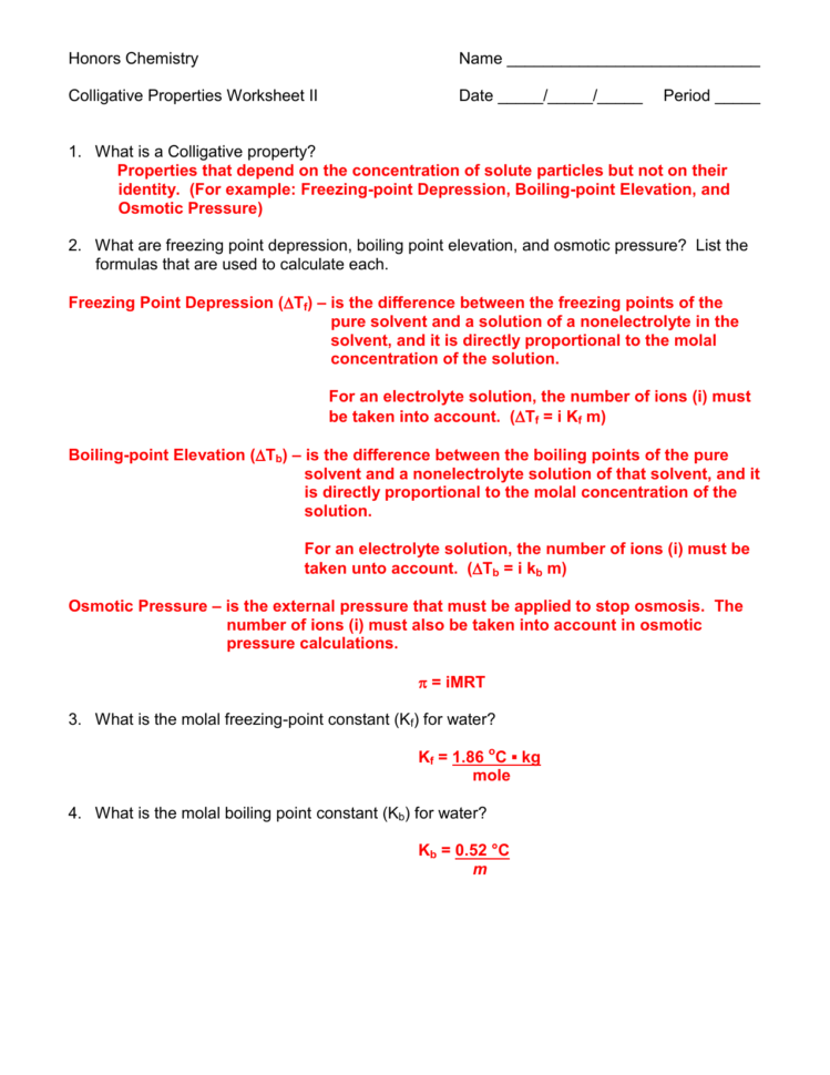 Colligative Properties Worksheet Ii Answer Key 1112