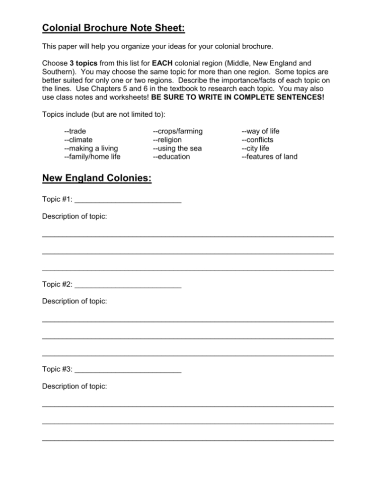 Colonial Brochure Note Sheet