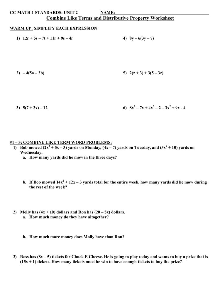 Distributing And Combining Like Terms Worksheets