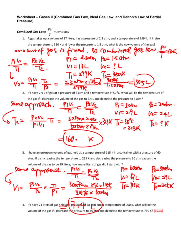 Combined Gas Law Problems Worksheet Answers Slope Intercept